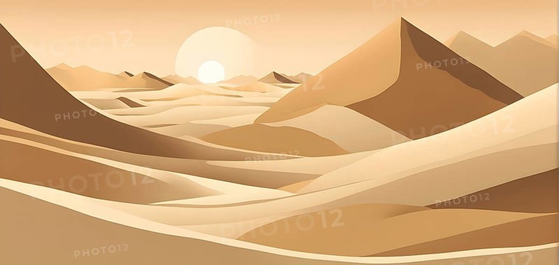 Abstract desert scene with triangular sand dunes and a single circular sun, using sharp lines and subtle gradients in neutral earth tones, AI generated