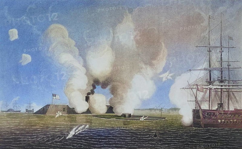 First naval battle between ironclads. The Confederate CSS Virginia, formerly Merrimack, on the left and the Union USS screen on the right in Hampton Roads, Virginia, USA, Historic, digitally restored reproduction from a 19th century master, Record date not stated, North America