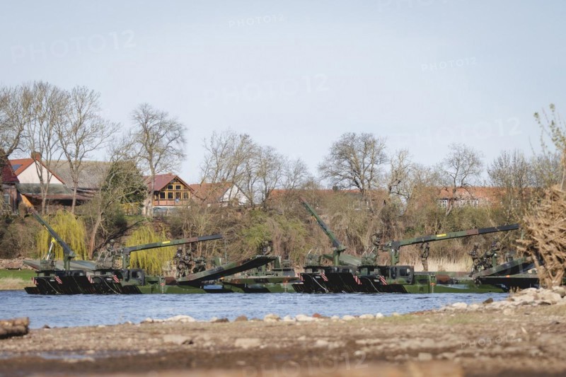 Amphibious vehicles of the type Amphibie M3 of the Bundeswehr taken during the military exercise 'Wettiner Schwert' near Tangermünde, 26.03.2024. 'Wettiner Schwert' is part of the Quadriga exercise of the Bundeswehr and the NATO large-scale manoeuvre Steadtfast Defender 2024