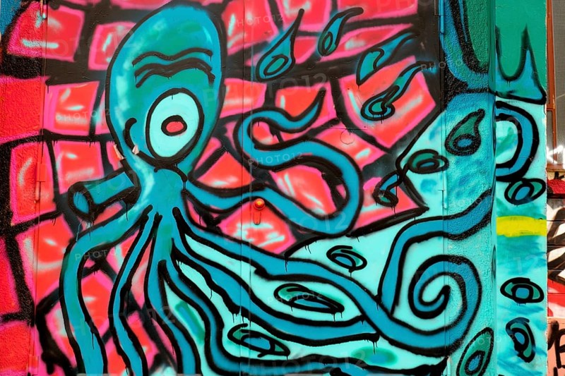 A colourful graffiti of an octopus with outstretched tentacles on an urban wall, Rhineland-Palatinate, Germany, Europe