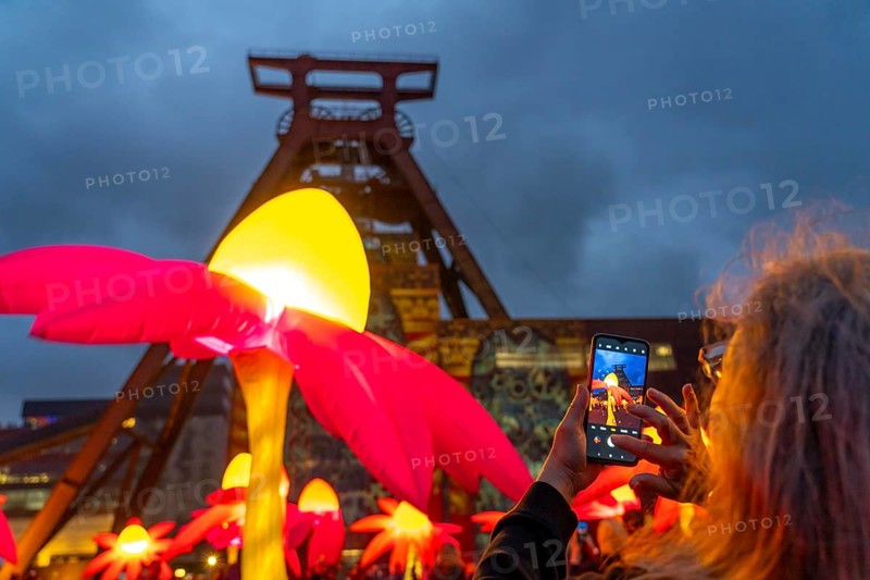 Extraschicht, the long night of industrial culture, cultural festival across the Ruhr region, 35 venues in 19 cities, here Illuminating flowers at the Zeche Zollverein in Essen, Doppelbock pithead winding tower shaft 12, North Rhine-Westphalia, Germany, Europe
