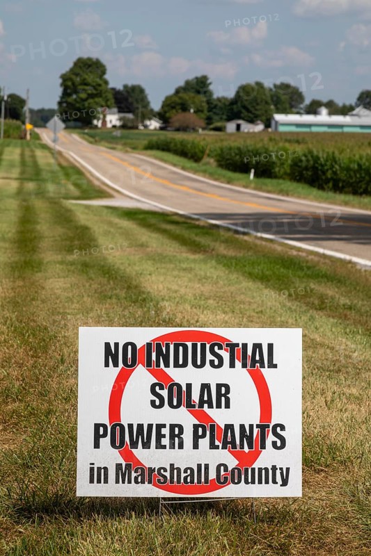 Rutland, Indiana, A sign along a rural road opposes a solar power installation in Marshall County