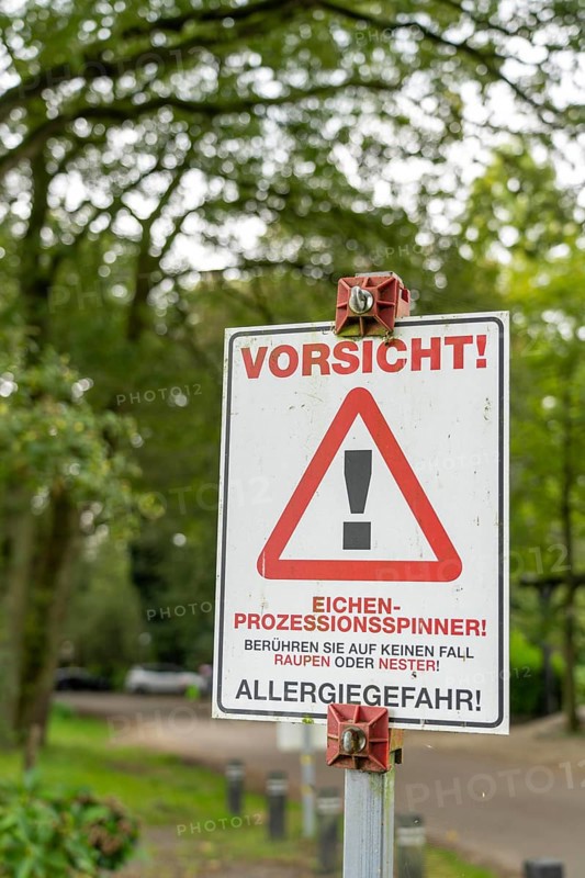 Warning of the oak processionary moth, in a public park, touching can lead to caterpillar dermatitis, allergic reaction to the thaumetopoein contained in the stinging hairs of the caterpillars, it triggers allergic skin reactions, near Straelen, North Rhine-Westphalia, Germany, Europe