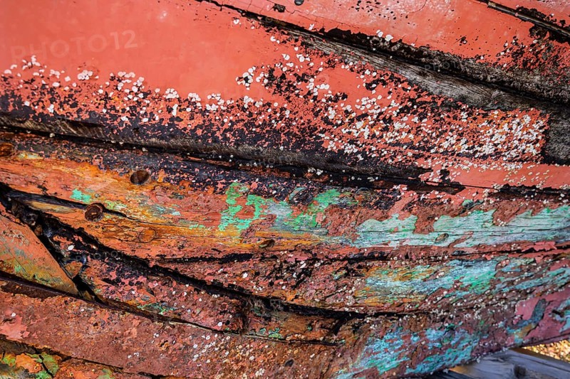 Colourful ship's planks, rotten hull and old planks of a ship, close-up of the underwater hull. Peenemünde, Usedom Island, Mecklenburg-Western Pomerania, Germany, Europe