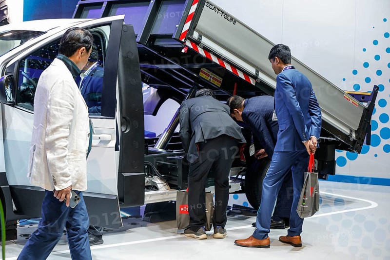 Trade fair visitors take a look at the eMoovy electric commercial vehicle developed by Hyundai Motor Company and IVECO at the IAA Transportation, Hanover, 18/09/2024, Hanover, Lower Saxony, Germany, Europe