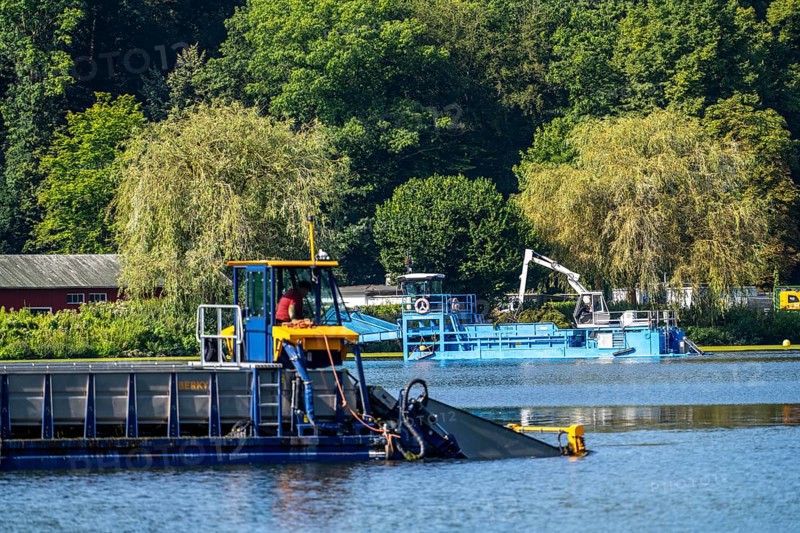 Mowing boats Nimmersatt and Berky, of the Ruhrverband, try to keep the green plant carpet on the Lake Baldeney in Essen, in check, proliferating water plant Elodea, waterweed, an invasive species, the fast-growing water plant proliferates on large parts of the Ruhr reservoir, increased water temperatures accelerate the growth, the leisure boat traffic is severely impaired, Essen, North Rhine-Westphalia, Germany, Europe