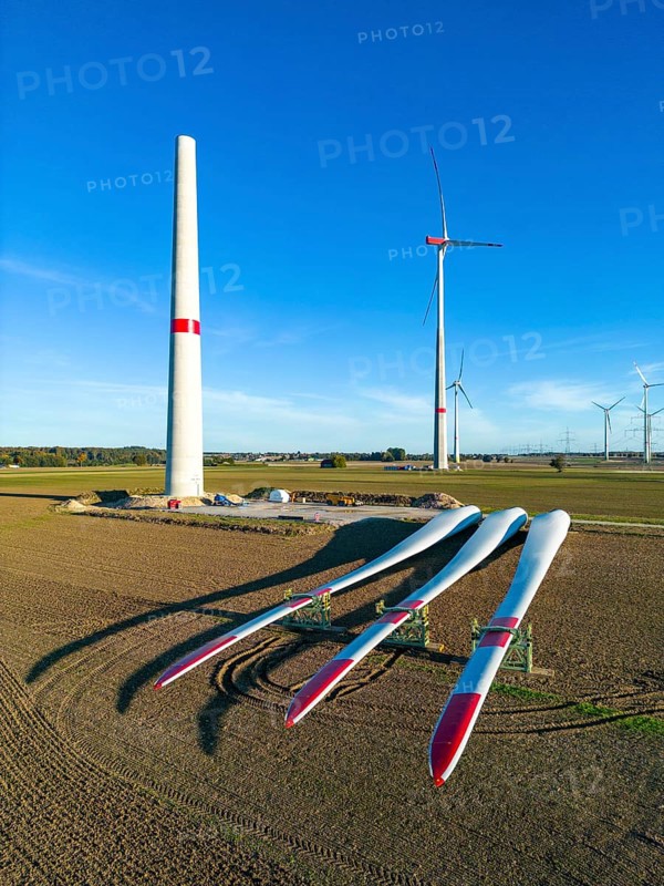 Wind farm near Bad Wünnenberg, construction site, storage area for a new wind turbine, components of the mast, the nacelle and the rotors are ready for assembly, North Rhine-Westphalia, Germany, Europe