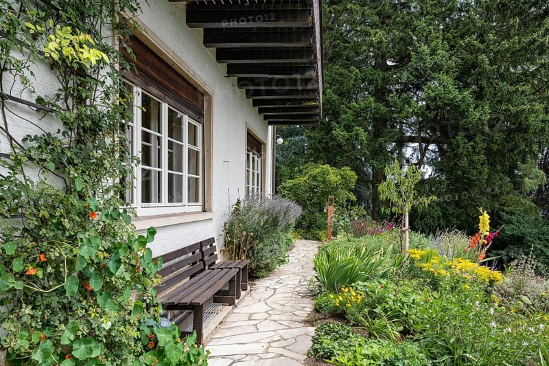 Garden terrace of the museum, Haus Dix art museum, former home and studio of the 20th century painter and graphic artist, Hemmenhofen, Höri peninsula, Lake Constance, district of Constance Baden-Württemberg, Germany, Europe