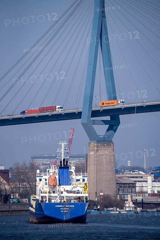 The Köhlbrand Bridge in the port of Hamburg, tanker Cobalt Water, spans the 325 m wide Köhlbrand, an arm of the Süderelbe, the bridge is over 3600 metres long, 53 metres above the water, piers 135 m high, more than 30, 000 vehicles use the B3 bridge daily, important connection to the port, it is dilapidated, to be rebuilt, Hamburg, Germany, Europe