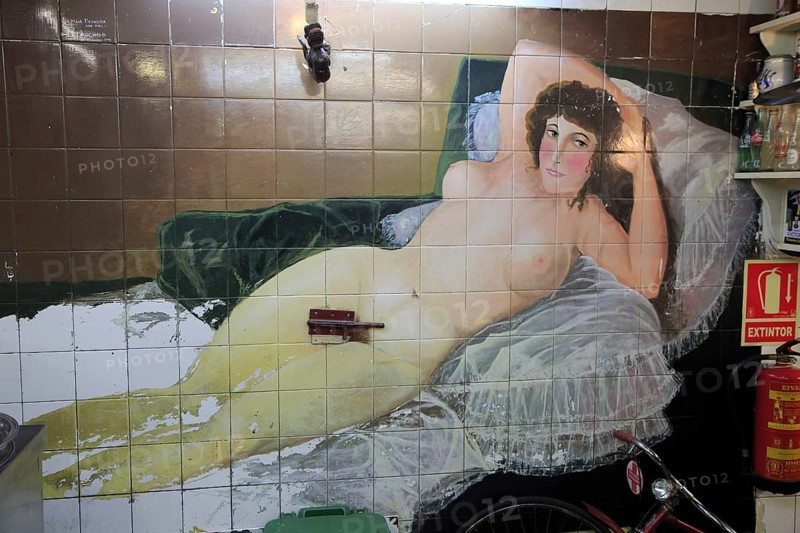 Female nude mural wall picture inside famous historic Los Gatos Cervecerias bar, Madrid, Spain, Europe