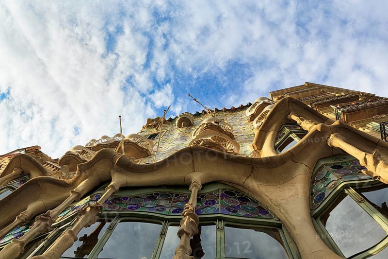 Artfully designed façade, curved windows, Casa Batllo, modernism, view from below, Passeig de Gracia, Barcelona, Spain, Europe
