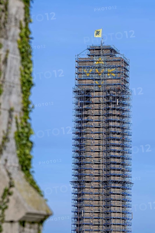 WWI IJzertoren, Yser Tower clad in scaffolding for renovation, First World War One memorial in Diksmuide, Dixmude, West Flanders, Belgium, Europe