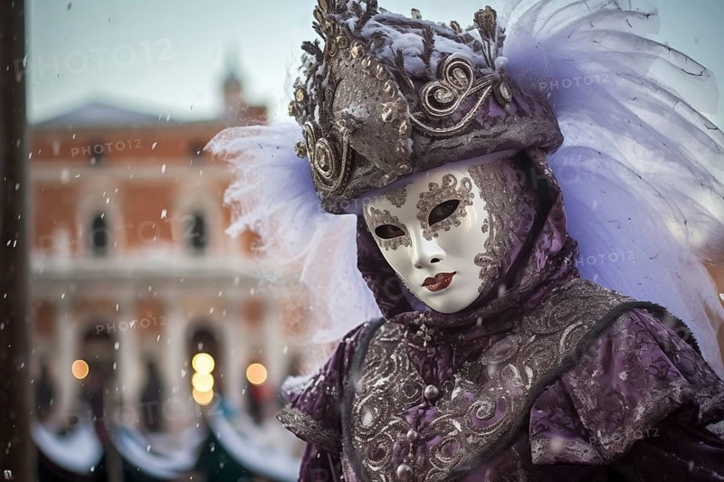 A person adorned in a richly detailed and colorful carnival costume, complete with an elaborate mask, participates in the iconic Venice Carnival with snowfall, AI generated