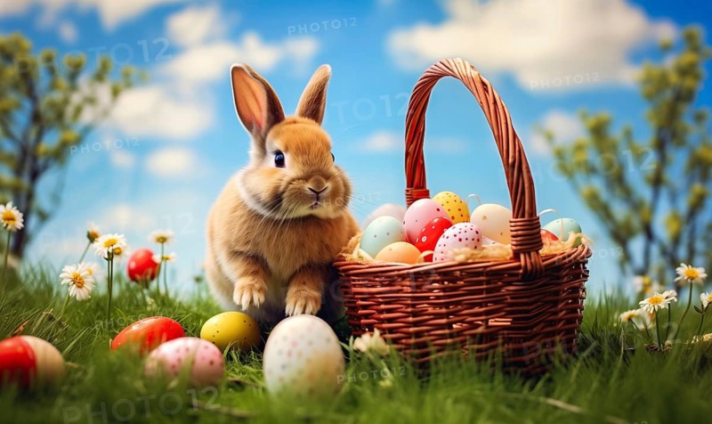 Cute Easter bunny sits beside a basket filled with colorful, decorated eggs amidst a vibrant green field under the bright, sunny sky. The festive spirit of Easter and the joy of nature, AI generated