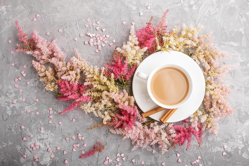 Pink and red astilbe flowers and a cup of coffee on a gray concrete background. Morninig, spring, fashion composition. Flat lay, top view