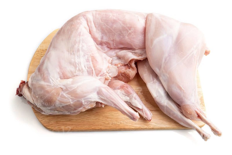 Whole raw rabbit isolated on a white background. Side view, close up