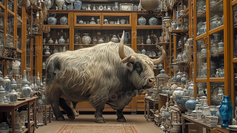 Very large bull with horns in a China shop filled with glassware. generative AI, AI generated