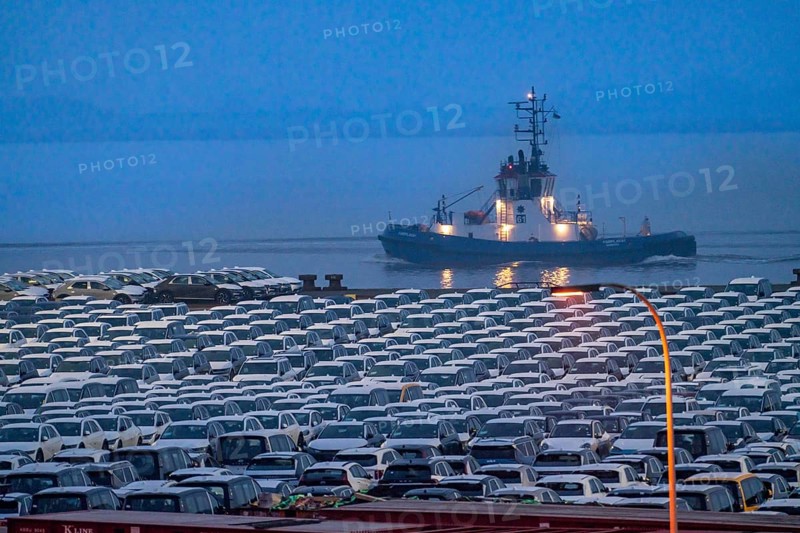 Parking space for import vehicles, hundreds of Hyundai Ioniq, electric cars, waiting for onward transport, ship on the Weser, at the EUROGATE container terminal in the overseas harbour of Bremerhaven, Lower Saxony, Germany, Europe