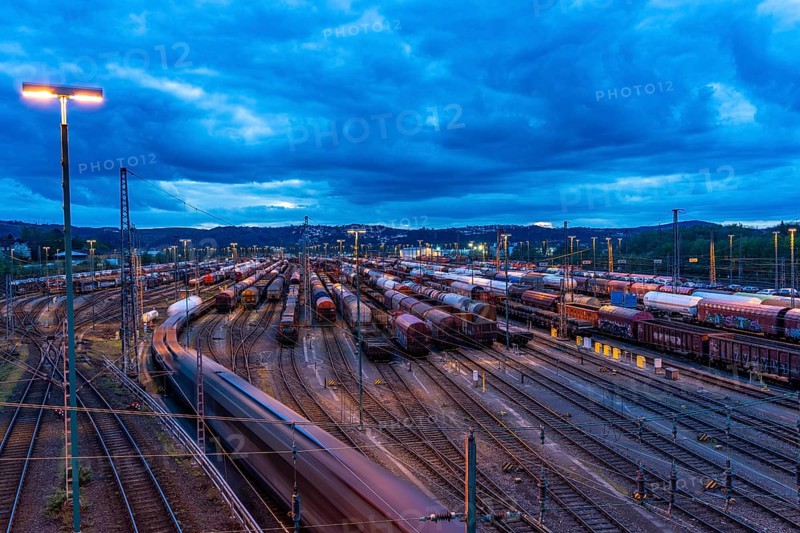 The Hagen-Vorhalle marshalling yard, one of the 9 largest in Germany, is located on the Wuppertal-Dortmund railway line and has 40 directional tracks on which goods trains are assembled, in the evening, North Rhine-Westphalia, Germany, Europe