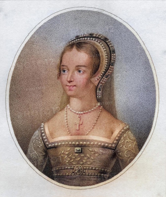 Catherine Parr auch Katherine genannt 1512-1548 Englische Königin Sechste Ehefrau von Heinrich VIII. von England, Catherine Parr also spelled Katherine 1512-1548 English Queen Sixth woman of England's Henry VIII Engraved by Bocquet after Holbein from the book A Catalogue of the Royal and Noble Authors published 1806, Historisch, digital restaurierte Reproduktion von einer Vorlage aus dem 19. century, Record date not stated