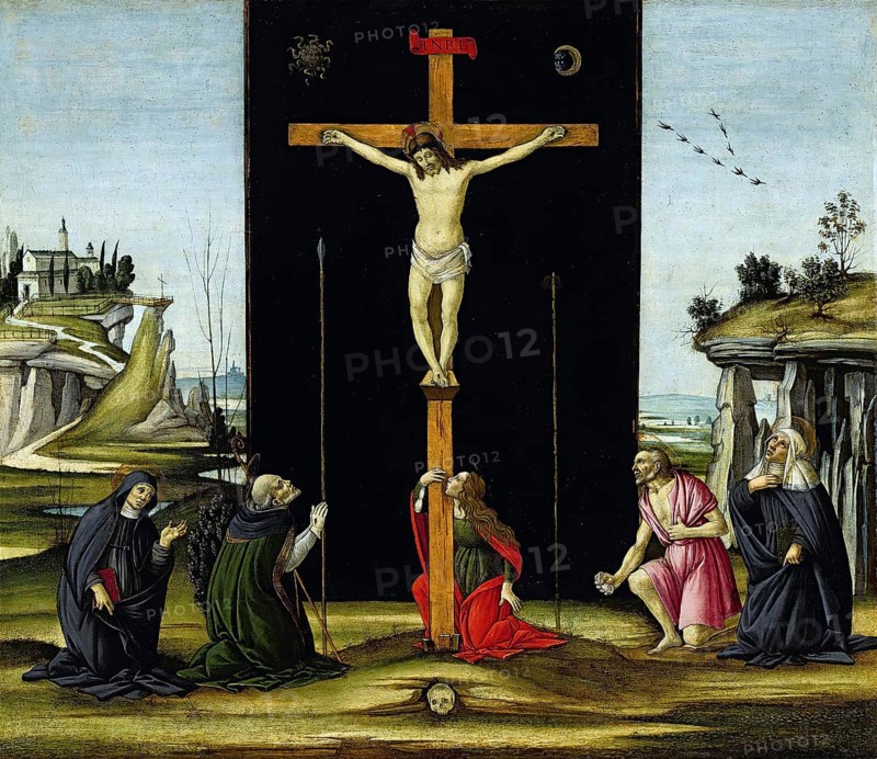 Christ on the Cross adored by Saints Monica, Augustine, Mary Magdalene, Jerome and Bridget of Sweden, Christ on the Cross adored by Saints Monica, Augustine, Mary Magdalene, Jerome and Bridget of Sweden, Painting by Sandro Botticelli (1 March 1445, 1510), one of the most important Italian painters and draughtsmen of the early Renaissance, Historical, digitally restored reproduction from an original, Record date not stated