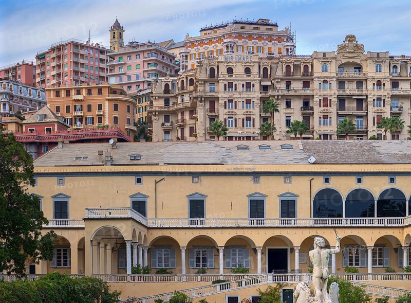 View from the Palazzo di Andrea Doria to the upper town of Genoa, on the right the former Grand Hotel Miramare, built in 1903, Piazza dei Principe, Genoa. Italy