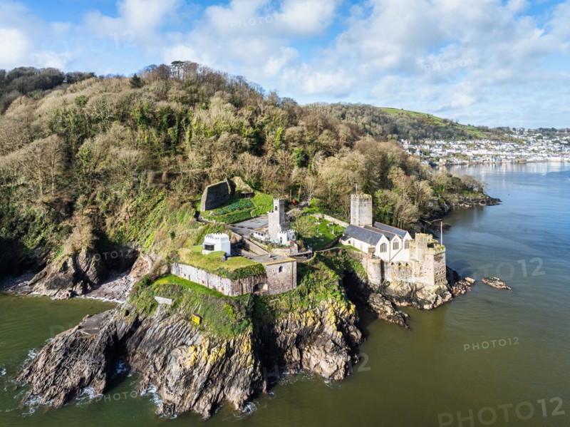 Dartmouth Castle over River Dart from a drone, Dartmouth, Kingswear, Devon, England, United Kingdom, Europe
