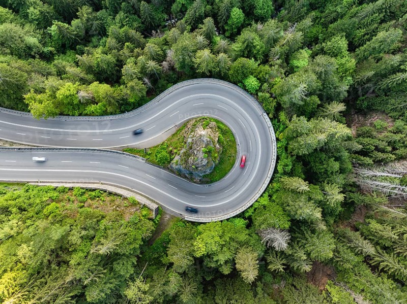 Aerial view, top down view from the federal road B31, Kreuzfelsenkurve in the southern Black Forest, Breisgau-Hochschwarzwald, Baden-Württemberg, Germany, Europe