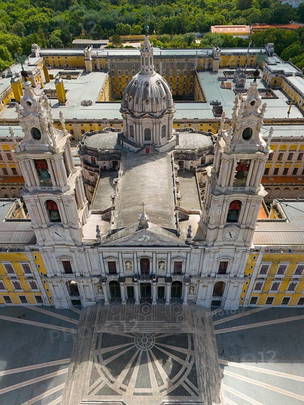 Aerial perspective of a baroque-style palace with two high towers and symmetrical large façade and striking staircase, aerial view, palace, Palácio Nacional de Mafra, Lisbon, Lisboa, Portugal, Europe