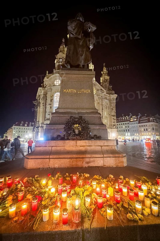 On 13 and 14 February 1945, Dresden was heavily destroyed in three Allied bombing raids. Every year, the people of Dresden commemorate this event at various events. A giant candle, into which citizens could place small candles, commemorates this event in front of the rebuilt Church of Our Lady, Dresden, Saxony, Germany, Europe