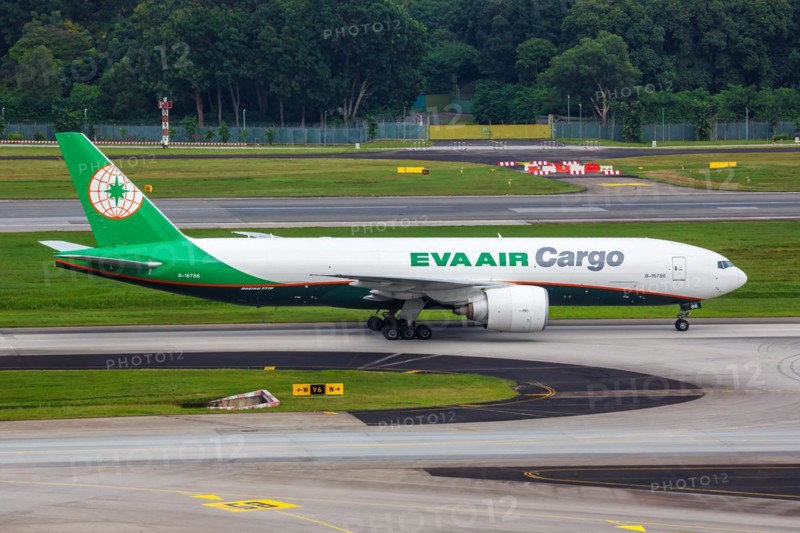 A Boeing 777-F aircraft of EVA Air Cargo with the registration number B-16786 at Changi Airport, Singapore, Asia