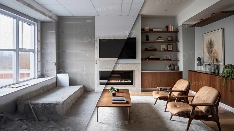Custom living room upgrade interior before and after construction, generative AI, AI generated