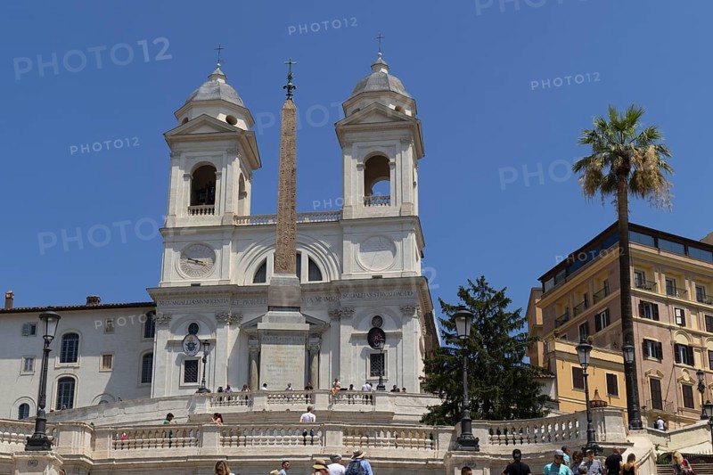 The church Santissima Trinita dei Monti, Santa Trinita dei Monti or Santissima Trinita al Monte Pincio, Most Holy Trinity on Mount Pincio, and the Obelisco Sallustiano, above the Spanish Steps in Rome, Italy, Europe