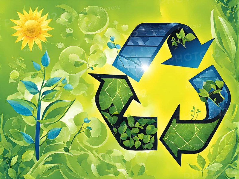 Recycling symbol morphing into growing plants and solar cells to symbolize the transformation of waste into renewable resources, AI generated