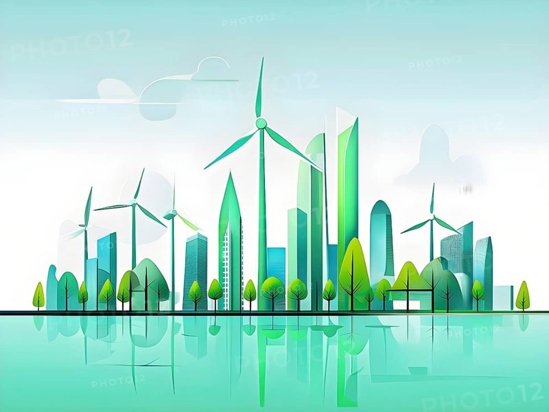Abstract visual illustration of a city skyline where buildings morph into wind turbines and trees, AI generated