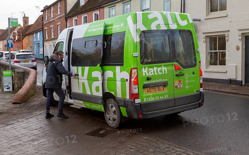 On-demand electric bus public transport service, Katch, Framlingham, Suffolk, England, UK