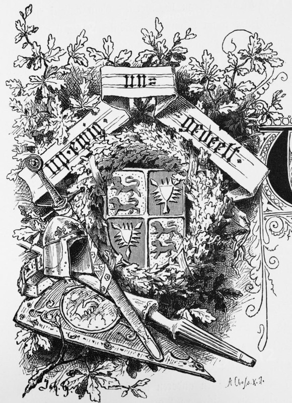 Emblem, symbol, motto of the people of Schleswig and Holstein, up ewig ungedeelt, auf ewig ungeteilt, Schleswig-Holstein, sword, coat of arms, lion, thirteen-pointed sword, helmet, oak leaves, ornamentation, Germany, historical illustration 1880, Europe