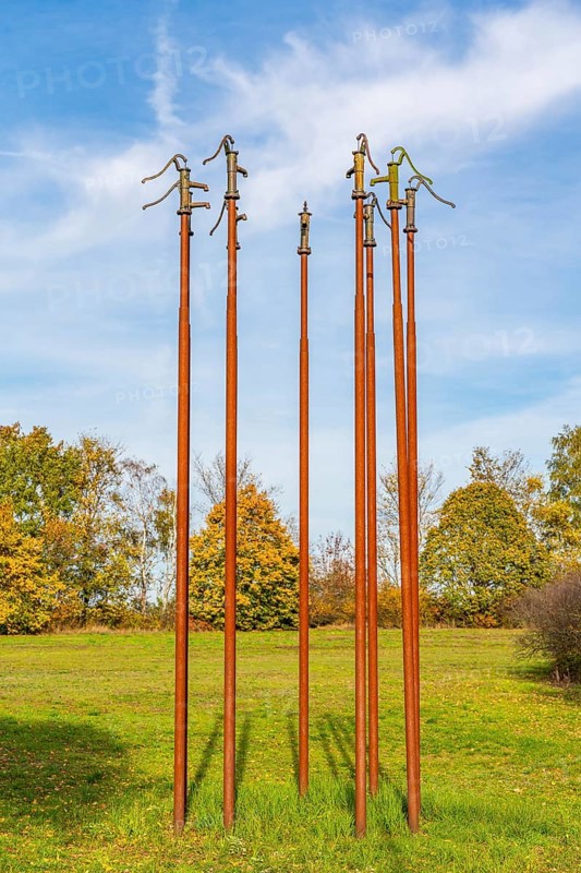 Art installation with water pumps by Wolfgang Buntrock and Frank Nordiek, International Art Trail, Hoher Fläming nature park Park, Brandenburg, Germany, Europe