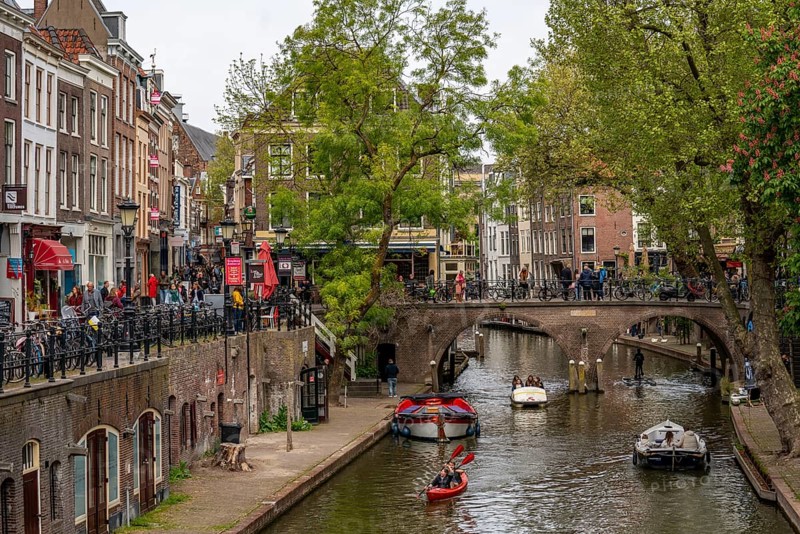 Utrecht, Netherlands, historic city centre, Oudegracht, canal, bridge, pedal boats