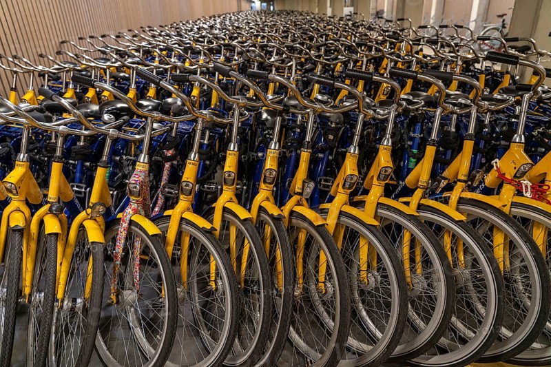 Bicycles at the OV-Fiets rental station, at Utrecht Central Station, hundreds of rental bikes waiting to be used, offer of the Dutch railway NS, for customers, low rental costs, available at almost every station, Utrecht, Netherlands