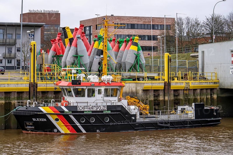 Bremerhaven buoy yard, where the navigation signs for the Outer Weser are maintained and deployed, belongs to the Weser-Jade-North Sea Waterways and Shipping Office, working and measuring vessels of the WSV, Federal Waterways and Shipping Administration, Bremen, Germany, Europe