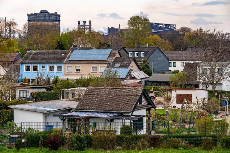 Allotment gardens on the Rhine dyke near Duisburg-Beeckerwerth, Löwenburg allotment garden association, ThyssenKrupp Steel Bruckhausen steelworks, Duisburg, North Rhine-Westphalia, Germany, Europe