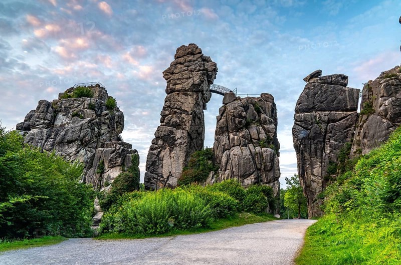 The Externsteine, a sandstone rock formation, in the Teutoburg Forest, near Horn-Bad Meinberg, Lippe district, North Rhine-Westphalia, Germany, Europe