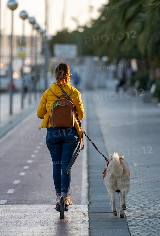 Young woman on an e-scooter and a dog on a lead, on the seafront promenade of Palma de Majorca, Spain, Europe