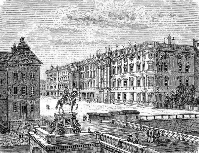 Royal Palace in Berlin, residence of the kings, equestrian statue of the Great Elector on the Long Bridge, Prussian history, architecture, people, historical illustration 1882