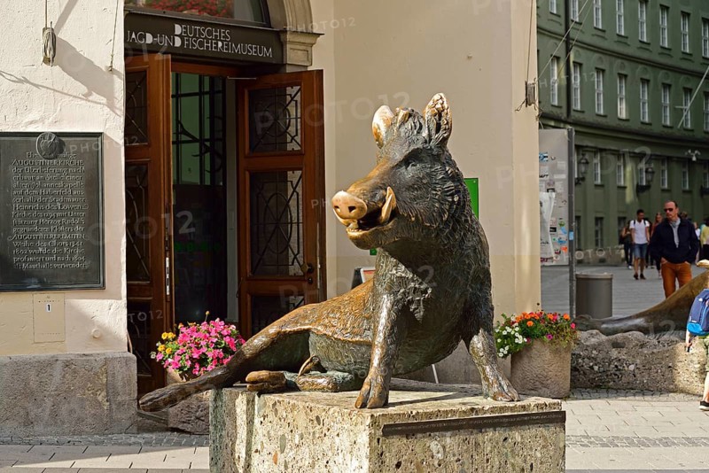 Europe, Germany, Bavaria, City of Munich, Neuhauser Straße, German Hunting and Fishing Museum, bronze sculpture boar in front of the entrance, former Augustinian Church, Europe