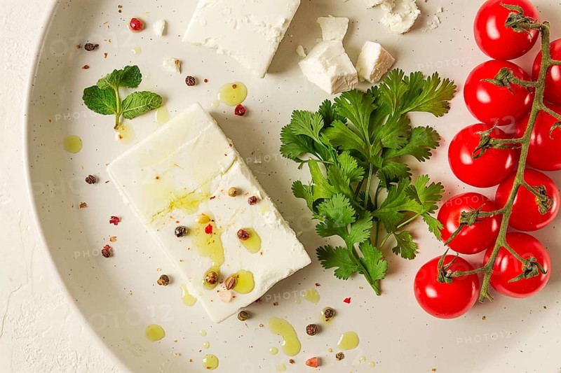 Feta cheese, for salads, with cherry, green butter, greens, on a white plate, appetizer, top view, close-up