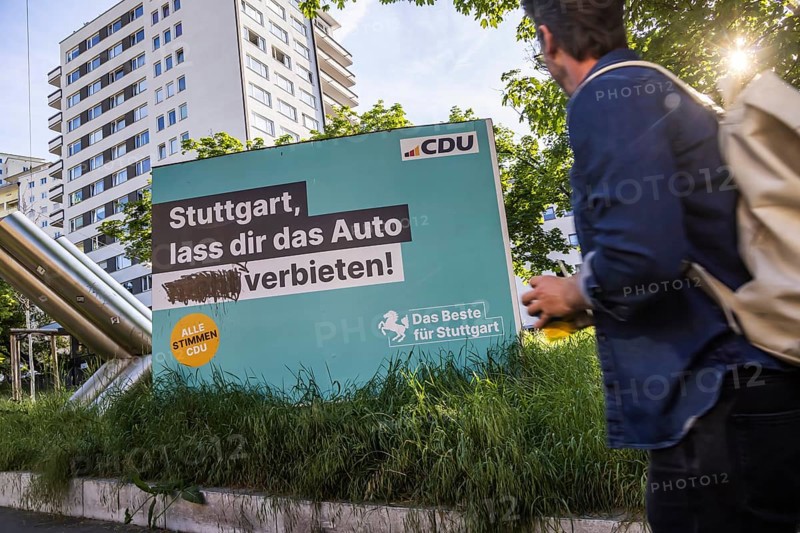Regional election on 9 June 2024, municipal council election. Election poster of the CDU party, ban on cars in traffic, Stuttgart, Baden-Württemberg, Germany, Europe