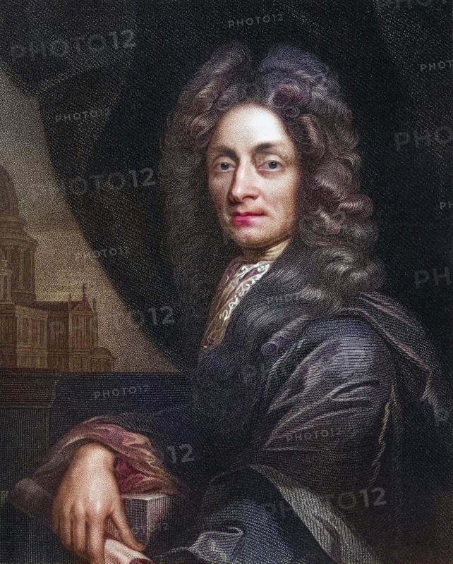 Sir Christopher Wren 1632-1723, English architect, scientist and mathematician. From the book Gallery of Portraits, published in 1833, Historical, digitally restored reproduction from a 19th century original, Record date not stated