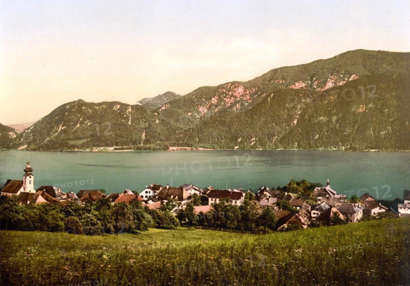 Unterach am Attersee, Gemeinde im Bezirk Vöcklabruck in Oberösterreich, Österreich, um 1890, Historisch, digital restaurierte Reproduktion von einer Vorlage aus dem 19. century, municipality in the district of Vöcklabruck in Upper Austria, Austria, around 1890, Historical, digitally restored reproduction from a 19th century original, Europe
